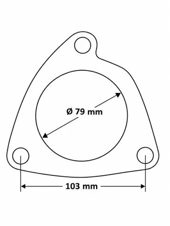 A technical drawing of a triangular 3-hole gasket for exhaust systems. The gasket has three outer mounting holes and a central opening with a diameter of 79 mm. The distance between the mounting holes is 103 mm.