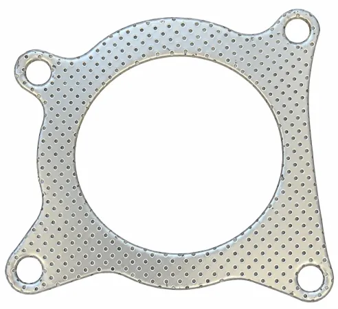 Silver-colored, perforated metal gasket, irregularly shaped, with a large round center hole. Four tabs feature smaller, round mounting holes. For the connection between the turbo and the 2.0 TFSI downpipe.