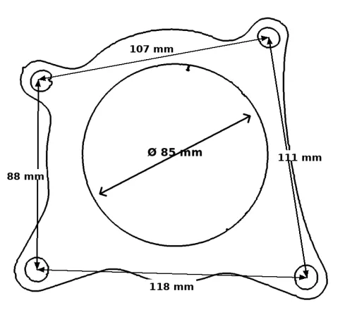 Diagram of a gasket for a 2.0 TFSI downpipe with a round opening (85 mm). Four rounded corners with mounting holes. Hole spacings: top 107 mm, right 111 mm, bottom 118 mm, left 88 mm.