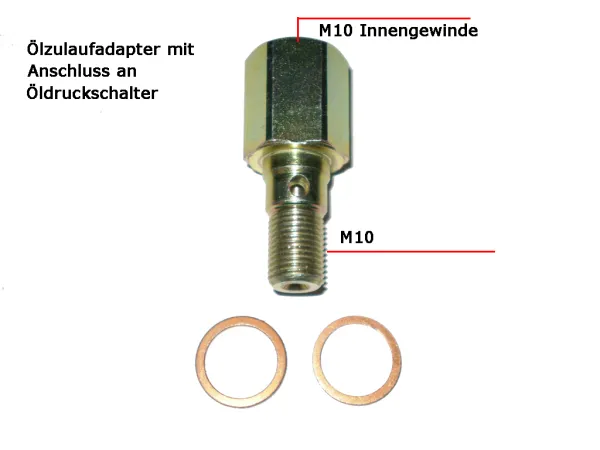 Adapter on the oil pressure sensor M10x1 internal to M10x1 external with hole for oil inlet