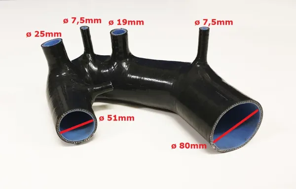 Silicone intake hose for Audi A4, A6, B5, B6, Passat 1.8T 150HP–193HP, black, 51mm diameter, turbo inlet 80mm diameter, LMM inlet / WITH clamp set