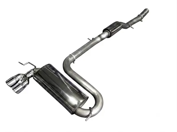 Shiny, silver 76mm stainless steel sports exhaust system for the Audi S3 8L Quattro, featuring curved pipes, a main muffler, and two polished, round tailpipes. Full-length 3-inch design for maximum performance and a deep, throaty sound.