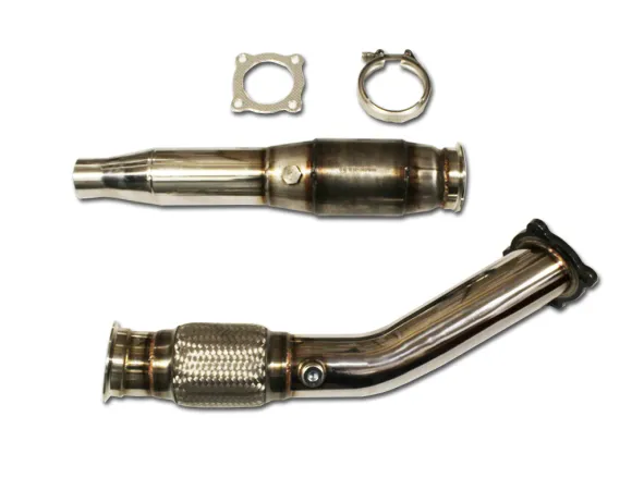 Downpipe for Golf 4, Audi A3, Seat Leon 1.8T, ø 76 mm, with 200 CPI sports catalytic converter, E-mark certified, compatible up to Euro 4; Interlock flexible pipe – stainless steel, 55 mm