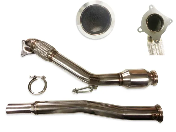 TFSI Downpipe for Golf 5 GTI, Golf 6 GTI, Seat Leon 1P, Audi A3, Audi TT 2.0 TFSI with 100-CPI sports catalytic converter, 76mm diameter, made of stainless steel