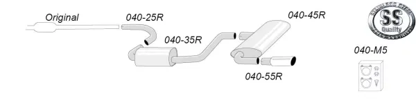The illustration shows a schematic stainless steel sports exhaust system from Simons with pipes and silencers. Individual parts are numbered. Accessories such as mounting material are shown. A logo for stainless steel quality can be seen.