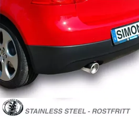 Close-up of a red Golf V rear end with 1x100mm stainless steel sports exhaust system from Simons. The exhaust is centered and shiny. Part of the tire and the bumper are visible.