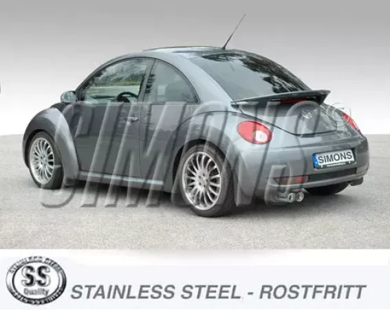 Rear view of a gray New Beetle with fitted Simons sports exhaust system. The system has two tailpipes, each with a diameter of 80 mm. The license plate of the car is labeled "Simons". Stainless steel elements are visible.