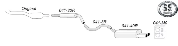 Sketch of a Simons stainless steel sports exhaust system for Audi A3 (8L). You can see pipes, rear silencer with two tailpipes, fastening material and a logo for the stainless steel quality. Parts are numbered.