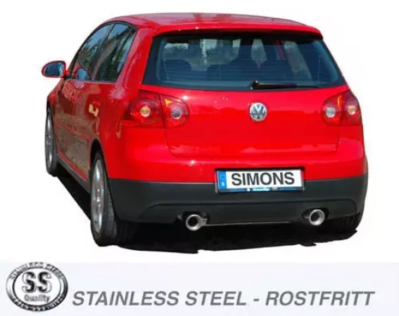 Rear view of a red VW Golf V GTI with duplex stainless steel sports exhaust system L+R. Tailpipes each 1x100 mm centered under the bumper. License plate with "Simons". Stainless Steel" logo in the foreground.