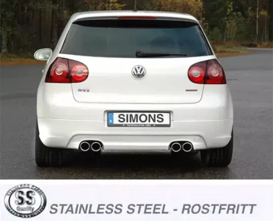 Rear view of a white VW Golf V with fitted Simons stainless steel sports exhaust system. The duplex tailpipes (2x80mm) are positioned centrally under the bumper. The lettering "STAINLESS STEEL - ROSTFRITT" is visible at the bottom of the picture.