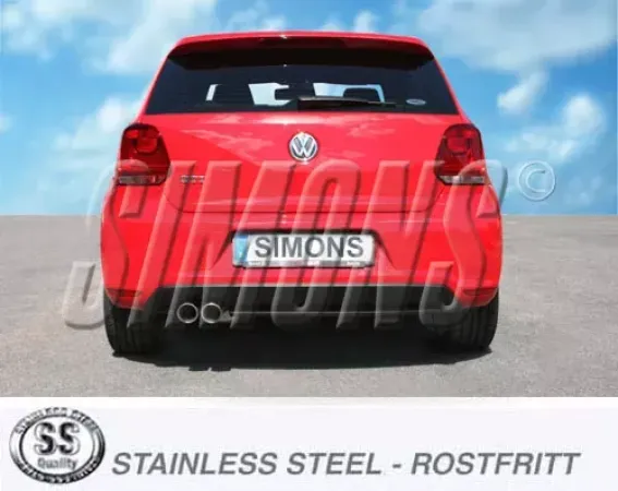 Rear view of a red Polo GTI with fitted stainless steel sports exhaust system from Simons. Duplex tailpipes on the left, license plate holder, VW logo and rear lights are visible. A blue sky can be seen in the background.
