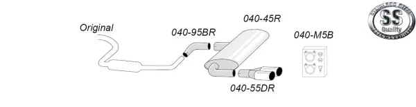 A schematic representation of a Simons sports exhaust system for the Audi A3 (8P). The system consists of stainless steel pipes, a rear silencer with two 80mm tailpipes, mounting accessories and a logo for stainless steel quality.