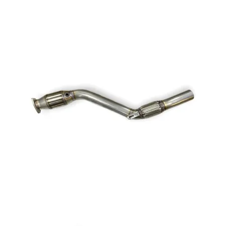 A bent, silver stainless steel Y-pipe lies on a white background. There is a flange with holes at one end and a flexible piece of pipe in the middle. The pipe is for Audi A4, A6 1.8T B5 and Passat 1.8T 3B 3BG models.