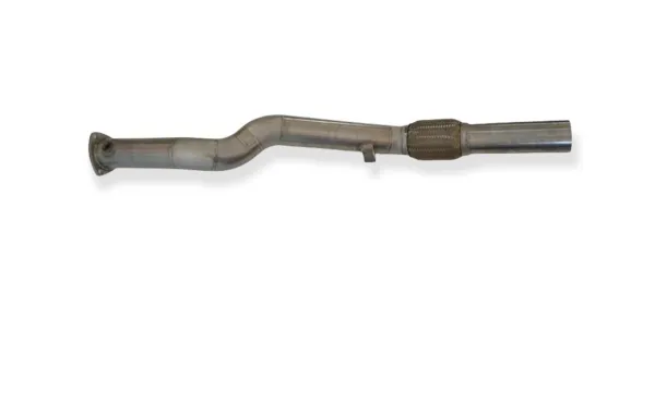 A stainless steel downpipe for Audi A4, A6 and Passat 1.8T. The Y-pipe is bent and has a flex pipe made of wire mesh in the middle. A flange can be seen at the end. The diameter is 76mm (3 inches).