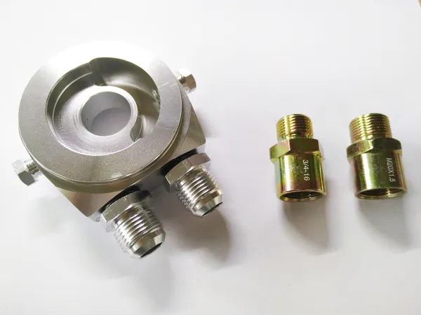 Oil filter adapter for turbo conversions with oil cooler connection D08 connections + 3/8 female thread