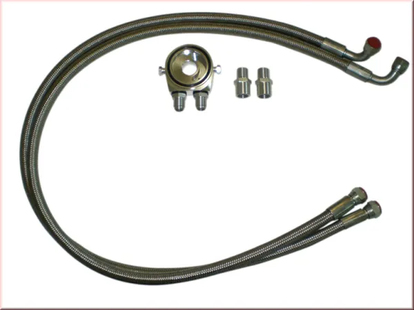 Oil cooler kit with D08 connections straight + 90° oil lines approx. 1.3 meters/line oil filter adapter