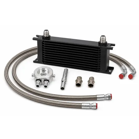 Complete oil cooler kit for VW VR6 engines: black 10-row oil cooler, two steel-braided hoses with red end caps, silver round oil filter adapter, extension bolt, and two connectors. White background.