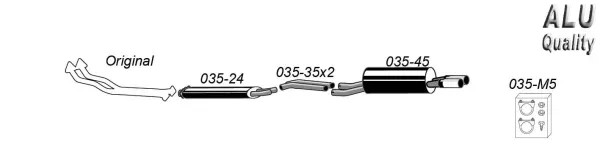 Technical drawing of a Simons sports exhaust system made of aluminized steel for BMW E28, consisting of pipes, connectors, rear silencer with duplex tailpipes (2x70mm) and mounting material. Schematic representation of the complete system.