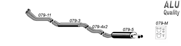 The picture shows a schematic representation of a Simons sports exhaust system for a BMW E30. The system consists of pipes and a rear silencer with 2x70mm tailpipes. A set of mounting material is shown next to the exhaust system.