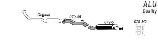 The illustration shows a schematic representation of the Simons sports exhaust system made of aluminized steel for BMW E30. Pipes, a silencer and accessories are shown. In addition, part designations such as "079-5" and "079-M5".