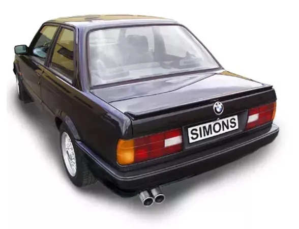 Black BMW E30, rear view, with Simons license plate and duplex sports exhaust system (2x70mm). The exhaust pipes are made of aluminized steel. The vehicle model is 320i/323i/325i.