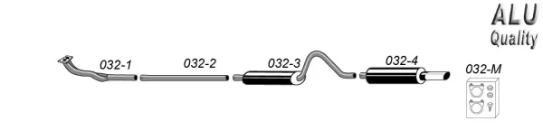 The illustration shows a schematic diagram of a Simons sports exhaust system made of aluminized steel for Opel Ascona A, consisting of pipes, silencers and mounting accessories. The individual components are numbered consecutively.