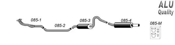 Sketch of a Simons sports exhaust for an Opel Kadett C GTE. The exhaust system consists of several parts, including pipes and silencer. Parts are marked with numbers 085-1 to 085-4 and 085-M. Logo "ALU Quality" visible.