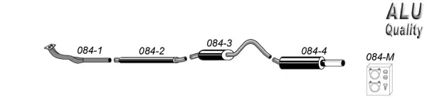 A schematic representation of a Simons sports exhaust system made of aluminized steel. The illustration shows the pipe routing with several silencers, the tailpipe and mounting material for Opel Ascona B. The parts are marked with numbers.