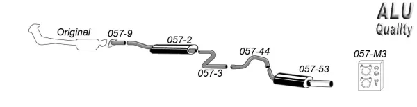 Schematic diagram of the Simons sports exhaust for Ford Mondeo MK1. Shows a pipe system with components such as silencers and connectors, each part is numbered. Also includes mounting material.