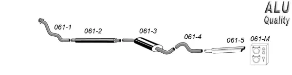Sketch of a Simons sports exhaust system for SAAB 900 Turbo, consisting of pipe segments, a silencer and two tailpipes (2x 57 mm). The system is divided into five numbered parts. A box with mounting accessories is also shown.