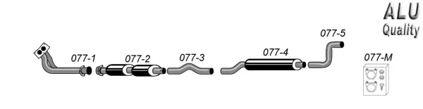 Schematic diagram of a Simons sports exhaust system with pipes, connectors and rear silencer. Parts are numbered and marked "ALU Quality". A small box with fastening material is shown at the bottom right.