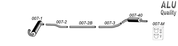 Diagram of a Simons sports exhaust system for SAAB 93/96, consisting of pipes, a silencer and mounting material. The system is divided into individual, numbered elements. ALU Quality lettering can be seen in the picture.