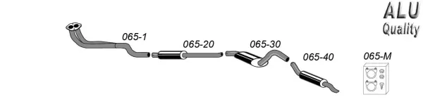 Schematic representation of a Simons sports exhaust system for SAAB 99 2.0, consisting of several pipes, silencers and mounting parts, labeled with numbers. The lettering "ALU Quality" is at the top right. The system is silver and black.
