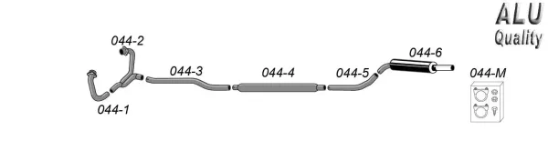 Illustration shows a schematic of the Simons sports exhaust for SAAB 96 V4, incl. 70mm tailpipe and mounting material. System consists of numbered parts (044-1 to 044-6). Accessories shown bottom right.