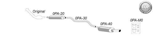 The illustration shows a schematic diagram of a Simons sports exhaust system made of chrome steel for a Peugeot 406. The system consists of pipes and two silencers (OPA-20 and OPA-40), as well as the mounting material (OPA-MO).