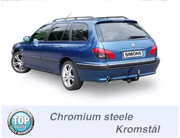 Blue Peugeot 406 estate from the rear. Visible are the round Simons sports exhaust tailpipe, the trailer coupling and the Simons license plate. The car has roof rails.