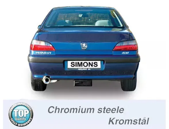 Rear view of a blue Peugeot 406, with Simons license plate holder. The chrome steel sports exhaust with 100mm round tailpipe is visible. Tires and rear lights are visible. There is a dark shadow under the car.