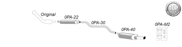 The schematic diagram shows a Simons chrome steel sports exhaust for a Peugeot 406. The exhaust consists of several components: Rear silencer with 100mm round tailpipe, center silencer and mounting material.