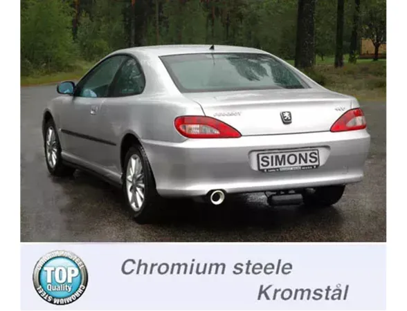 Rear view of a silver Peugeot 406 Coupe with Simons chrome steel sports exhaust. The tailpipe of the exhaust is round and 100 mm in diameter. The license plate of the car bears the lettering "Simons".