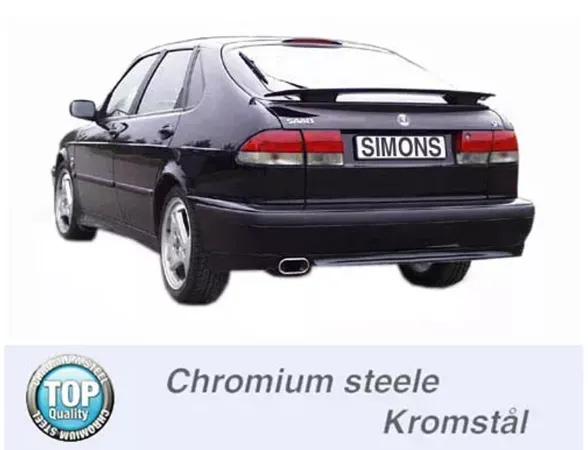 Rear view of a black SAAB 9-3 Coupé with Simons sports exhaust system. Square tailpipe (70x140 mm) clearly visible. "Chromium steele Kromstål" is written under the vehicle. Logo "TOP Quality" on the left.
