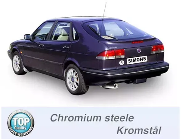 Rear view of a dark blue SAAB 900i Coupé/Cabrio with mounted Simons chrome steel sports exhaust system, tailpipe 90mm. License plate with Simons lettering. Below text about chrome steel quality.