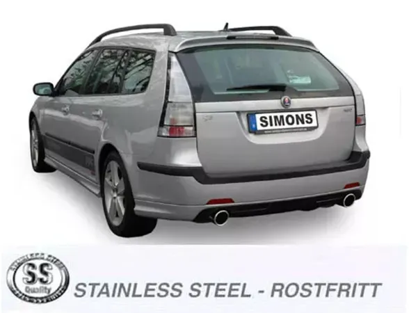 Rear view of a silver SAAB 9-3 SportCombi equipped with a Duplex sports exhaust system from Simons. License plate with "Simons." Two round tailpipes are visible. Below: "Stainless Steel" and "SS Quality" logo.
