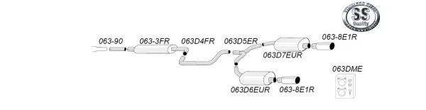 Schematic diagram of the Simons stainless steel duplex sports exhaust system for SAAB 9-3 Turbo (61L tank). The diagram shows pipes, silencer and tailpipes, numbered and connected. The Simons logo is visible in the top right corner.