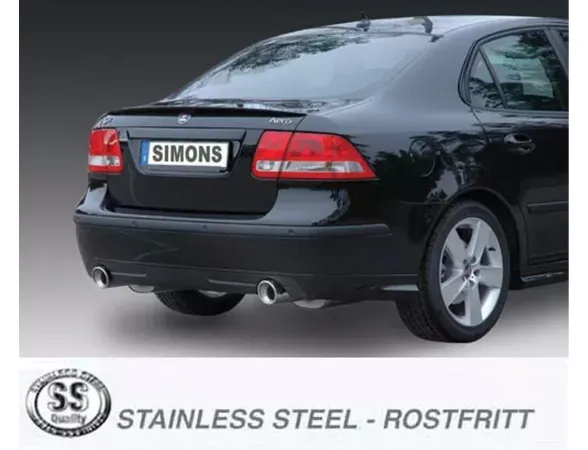 Rear view of a black SAAB 9-3 with fitted Simons duplex sports exhaust system. The tailpipes, angular and made of stainless steel, are clearly visible. The license plate of the car bears the name "Simons".