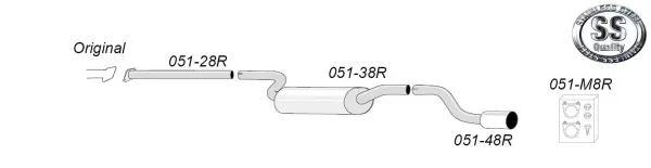 A schematic representation of the Simons sports exhaust system for Mazda 3 MPS MK1. Individual pipes are marked with product numbers. Includes connectors, a silencer, a tailpipe and the Simons stainless steel logo.