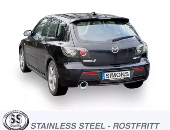 Rear view of a black Mazda 3 MPS MK1 with visible Simons sports exhaust. The exhaust, made of stainless steel, is mounted under the bumper. License plate with the inscription "Simons" is visible.