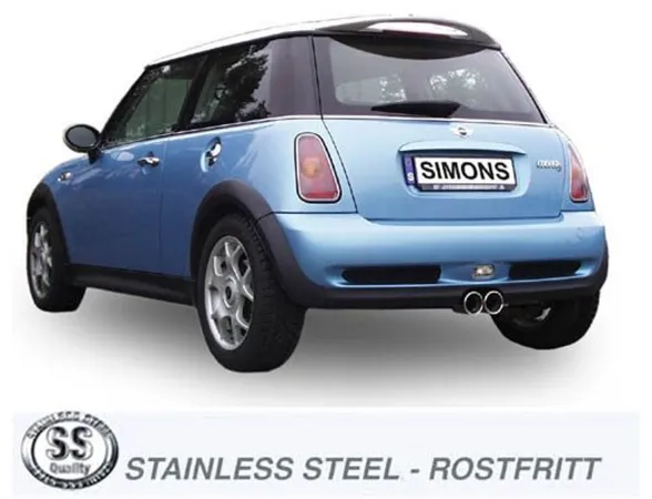 Rear view of a blue Mini Cooper S R53 with fitted Simons sports exhaust. The stainless steel exhaust with two round 80mm tailpipes is positioned centrally below the bumper. The license plate bears the lettering "SIMONS".