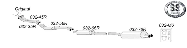The illustration shows a schematic representation of the Simons stainless steel sports exhaust system for BMW E46 with pipes, silencers and mounting accessories. The components are marked with product codes. Manufacturer logo present.