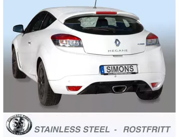 Rear view of a white Renault Mégane III RS. The license plate shows the lettering "Simons". A single, oval stainless steel sports exhaust tailpipe is visible in the center. "STAINLESS STEEL - ROSTFRITT" is written underneath the car.
