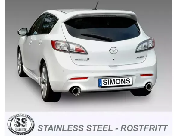 Rear view of a white Mazda 3 MPS MK2 with duplex sports exhaust system from Simons. The 114 mm diameter tailpipes are positioned on the left and right. The license plate shows the lettering "SIMONS".